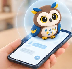 スマートフォンの上でチャットを見守る、きくまる君
